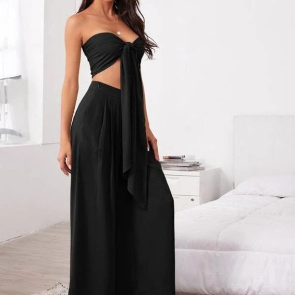 Boho 2 Piece Tie Front Tube Top & Pleated Wide Leg Pants Set black - Picture 3 of 5